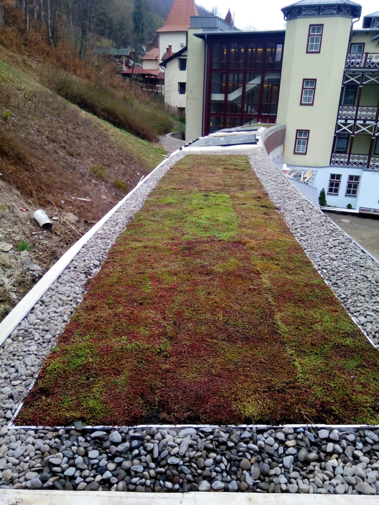 Extensive green roof made on a newly built passage at the Pacsirta Hotel in Sovata, investment from 2018, total area 350 sqm