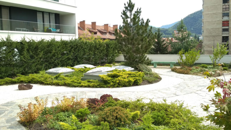 Japanese green garden created in 2017 at the Neorama complex, Brașov